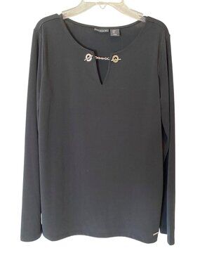 Tahari Black Long Sleeve Top Chain Accent V-Neck Polyester Blend Small